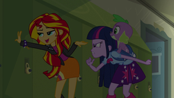 Size: 1920x1080 | Tagged: safe, edit, edited screencap, editor:slayerbvc, screencap, spike, sunset shimmer, twilight sparkle, dog, equestria girls, g4, my little pony equestria girls, accessory theft, accessory-less edit, backpack, female, lockers, spike the dog, spike's dog collar, twilight sparkle (alicorn)