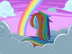 Size: 1400x1050 | Tagged: safe, artist:angelapie, rainbow dash, pegasus, pony, g4, cloud, female, looking at something, looking away, mare, on a cloud, prone, rainbow, rear view, sky, solo