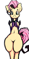 Size: 642x1281 | Tagged: safe, anonymous artist, fluttershy, anthro, g4, disproportional anatomy, female, hooves behind back, looking at you, simple background, smiling, solo, standing, white background