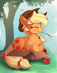 Size: 1520x1925 | Tagged: safe, artist:yakovlev-vad, applejack, earth pony, pony, g4, apple, applecat, applejack's hat, behaving like a cat, box, chest fluff, cowboy hat, cute, daaaaaaaaaaaw, eyebrows, eyebrows visible through hair, eyes closed, female, food, freckles, hat, if i fits i sits, jackabetes, lying down, mare, pony in a box, ponyloaf, prone, silly, silly pony, slender, solo, straw in mouth, thin, tree, who's a silly pony, yakovlev-vad is trying to murder us