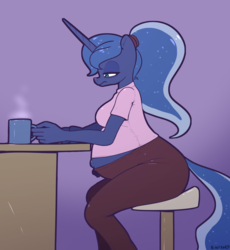 Size: 1300x1415 | Tagged: safe, artist:bumpywish, princess luna, alicorn, anthro, g4, alternate hairstyle, belly, belly button, big belly, clothes, coffee, female, mug, outie belly button, ponytail, pregluna, pregnant, solo