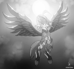 Size: 1518x1400 | Tagged: safe, artist:zidanemina, princess skystar, classical hippogriff, hippogriff, g4, my little pony: the movie, armor, black and white, cloven hooves, crossover, gray, grayscale, monochrome, saint seiya, solo, sun