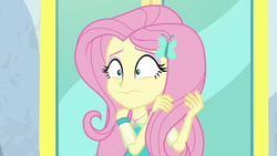 Size: 1280x720 | Tagged: safe, screencap, fluttershy, equestria girls, g4, my little pony equestria girls: better together, so much more to me, female, geode of fauna, magical geodes, nervous, solo, wavy mouth