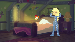 Size: 1280x720 | Tagged: safe, screencap, applejack, equestria girls, five to nine, g4, my little pony equestria girls: better together, applejack's bedroom, bed, book, clothes, female, lamp, pajamas, solo, window