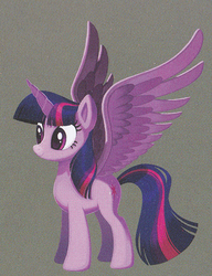 Size: 370x482 | Tagged: artist needed, safe, twilight sparkle, alicorn, pony, g4, my little pony: the movie, concept art, cropped, female, gray background, horn, mare, simple background, smiling, spread wings, twilight sparkle (alicorn), wings