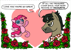 Size: 603x427 | Tagged: safe, artist:gingerfoxy, doctor caballeron, pinkie pie, earth pony, pony, pony couple generator, g4, caballepie, doll, female, flower, heart, male, pony x doll, rose, shipping, stallion, straight, toy