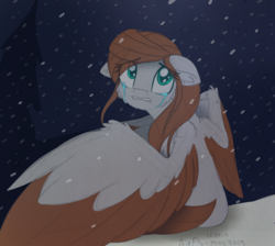 Size: 2129x1909 | Tagged: safe, artist:airfly-pony, derpibooru exclusive, oc, oc only, oc:scarlett drop, pegasus, pony, rcf community, cheek fluff, crying, cute, depression, female, floppy ears, large wings, mare, snow, snowfall, solo, spread wings, tears of pain, teary eyes, teeth, wings