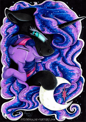 Size: 1751x2475 | Tagged: safe, artist:julunis14, nightmare moon, twilight sparkle, pony, g4, female, filly, filly twilight sparkle, floppy ears, hug, mare, smiling, traditional art, younger