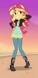Size: 1441x2960 | Tagged: safe, artist:invisibleink, sunset shimmer, equestria girls, equestria girls series, forgotten friendship, g4, my little pony equestria girls: friendship games, arm behind head, beach, blushing, boots, clothes, commission, cute, female, full body, jacket, shoes, smiling, solo, sunset