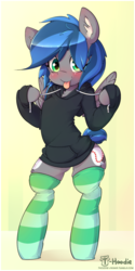 Size: 800x1600 | Tagged: safe, artist:hoodie, oc, oc only, oc:bibbo, pegasus, pony, semi-anthro, :p, bipedal, blushing, bottomless, clothes, hoodie, mlem, partial nudity, silly, socks, solo, striped socks, tongue out