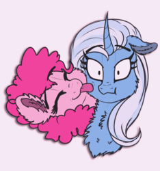 Size: 600x640 | Tagged: safe, artist:saphi-boo, pinkie pie, trixie, g4, cheek fluff, chest fluff, ear fluff, female, lesbian, licking, ship:trixiepie, shipping, tongue out