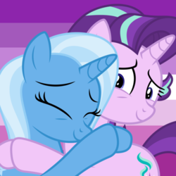 Size: 500x500 | Tagged: safe, artist:beesprites, artist:dashiesparkle, starlight glimmer, trixie, pony, unicorn, all bottled up, g4, eyes closed, female, lesbian, mare, ship:startrix, shipping, smiling