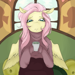 Size: 2000x2000 | Tagged: artist needed, source needed, safe, fluttershy, anthro, g4, clothes, cup, female, high res, hoof hold, indoors, looking at something, mug, solo, wings