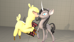 Size: 1920x1080 | Tagged: safe, fhtng th§ ¿nsp§kbl, oleander (tfh), paprika (tfh), alpaca, classical unicorn, pony, unicorn, them's fightin' herds, 3d, book, cloven hooves, community related, duo, female, horn, kiss on the lips, kissing, leonine tail, lesbian, oleander is not amused, papreander, shipping, source filmmaker, surprise kiss, that alpaca sure does love kisses, unamused, unicornomicon, unshorn fetlocks