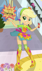 Size: 584x977 | Tagged: safe, artist:charliexe, applejack, equestria girls, g4, my little pony equestria girls: summertime shorts, shake things up!, apron, boots, canterlot mall, clothes, cute, female, freckles, glass, hair net, hairband, high heel boots, jackabetes, paraskirt, schrödinger's pantsu, shoes, smiling, socks, solo, thigh boots, thigh highs, zettai ryouiki