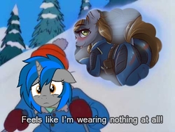 Size: 480x360 | Tagged: safe, artist:ardail, edit, oc, oc:homage, oc:littlepip, pony, unicorn, fallout equestria, blushing, butt, clothes, fanfic, fanfic art, feels like i'm wearing nothing at all, female, floppy ears, hat, hooves, horn, image macro, jumpsuit, male, mare, meme, plot, ponified meme, saddle bag, simpsons did it, skiing, skintight clothes, snow, stupid sexy flanders, stupid sexy littlepip, text, the simpsons, thought bubble, tongue out, tree, vault suit