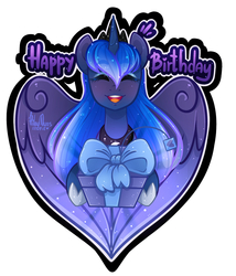 Size: 1500x1750 | Tagged: safe, artist:hiloumuns, princess luna, alicorn, pony, g4, cute, eyes closed, female, happy birthday, lunabetes, mare, open mouth, present, simple background, smiling, solo, white background