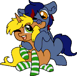 Size: 455x448 | Tagged: safe, artist:nootaz, oc, oc only, oc:astral skies, oc:rock, bat pony, pony, unicorn, animated, big smile, blinking, clothes, commission, cute, ear bite, fangs, floppy ears, gay, gif, happy, hug, hug from behind, male, nibbling, one eye closed, playful, shipping, simple background, smiling, smirk, socks, striped socks, transparent background