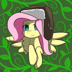 Size: 1280x1280 | Tagged: safe, artist:genericmlp, fluttershy, pegasus, pony, g4, bust, female, hat, looking at you, mare, portrait, smiling, solo, ushanka, wings