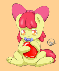 Size: 2835x3402 | Tagged: safe, artist:kisaradoesart16, apple bloom, earth pony, pony, g4, apple, baby, baby pony, bow, female, filly, food, high res, pacifier, simple background, solo, younger