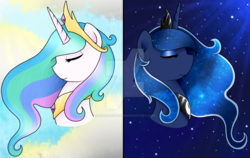 Size: 1024x647 | Tagged: safe, artist:cinnamonaurora, princess celestia, princess luna, alicorn, pony, g4, crown, eyes closed, female, jewelry, mare, regalia, sisters, watermark