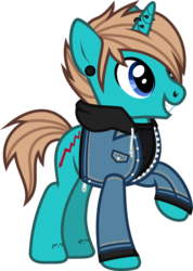 Size: 652x916 | Tagged: safe, artist:lightningbolt, derpibooru exclusive, pony, unicorn, g4, .svg available, as it is, clothes, ear piercing, gauges, grin, hair over one eye, happy, hoodie, horn, horn piercing, jacket, male, nose piercing, open mouth, patty walters, piercing, ponified, raised hoof, shirt, show accurate, simple background, smiling, solo, stallion, svg, tattoo, transparent background, undershirt, vector, zipper