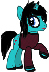 Size: 636x928 | Tagged: safe, artist:lightningbolt, derpibooru exclusive, pony, unicorn, g4, .svg available, as it is, clothes, dyed mane, ear piercing, emo, eyeliner, eyeshadow, frown, gauges, hair over one eye, hoof polish, horn, horn piercing, lipstick, looking back, makeup, male, nose piercing, painted horn, patty walters, piercing, ponified, raised hoof, shirt, show accurate, simple background, solo, stallion, svg, tattoo, transparent background, vector