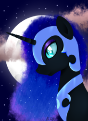 Size: 584x800 | Tagged: safe, artist:cinnamonaurora, nightmare moon, alicorn, pony, g4, female, looking at you, mare, moon, solo