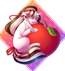 Size: 2249x2451 | Tagged: safe, artist:cinnamonaurora, oc, oc only, pony, unicorn, apple, eyes closed, female, food, glasses, high res, mare, open mouth, simple background, solo, transparent background