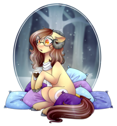Size: 2420x2600 | Tagged: safe, artist:cinnamonaurora, oc, oc only, earth pony, pony, clothes, coffee mug, female, glasses, high res, mare, mug, pillow, scarf, simple background, transparent background