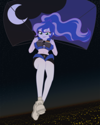 Size: 1740x2176 | Tagged: safe, artist:rileyav, princess luna, vice principal luna, equestria girls, g4, belly button, city, clothes, commission, cutie mark accessory, female, legs, low angle, midriff, night, parachute, pink floyd, shirt, shorts, skydiving, smiling, solo, t-shirt, the dark side of the moon