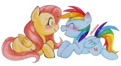 Size: 3371x1854 | Tagged: safe, artist:pilssken, fluttershy, rainbow dash, pegasus, pony, g4, blushing, eye contact, female, folded wings, lesbian, looking at each other, mare, missing cutie mark, profile, prone, ship:flutterdash, shipping, simple background, smiling, traditional art, transparent background