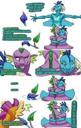 Size: 2893x4547 | Tagged: safe, artist:valo-son, princess ember, smolder, spike, dragon, g4, armpits, blushing, comic, dragoness, female, hug, male, ship:emberspike, shipping, simple background, smiling, straight, trio, white background, winged spike, wings