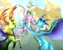 Size: 400x320 | Tagged: safe, artist:magiksdragons, princess ember, spike, thorax, changedling, changeling, dragon, g4, dragoness, excited, female, happy, joy, king thorax, obtrusive watermark, overjoyed, spikelove, watermark, winged spike, wings