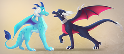 Size: 9318x4046 | Tagged: safe, artist:avaroncave, princess ember, dragon, g4, absurd resolution, collar, crossover, cynder, dragoness, duo, female, flirting, lesbian, open mouth, quadrupedal, raised claw, spyro the dragon (series), tan background, the legend of spyro