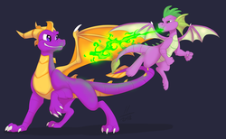 Size: 8138x5006 | Tagged: safe, artist:avaroncave, spike, dragon, g4, absurd resolution, crossover, fire, fire breath, flying, male, simple background, spyro the dragon, spyro the dragon (series), the legend of spyro, winged spike, wings