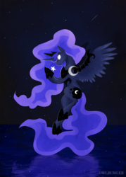 Size: 1010x1408 | Tagged: safe, artist:supremeowl, princess luna, alicorn, pony, g4, comet, female, glowing eyes, hoof shoes, mare, solo, stars