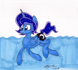 Size: 1468x1324 | Tagged: safe, artist:newyorkx3, princess luna, alicorn, pony, g4, artemabetes, cute, male, prince artemis, rule 63, rule63betes, smiling, solo, stallion, swimming, traditional art, water
