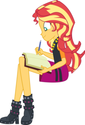 Size: 9214x13515 | Tagged: safe, artist:shootingstarsentry, sunset shimmer, equestria girls, equestria girls specials, g4, my little pony equestria girls: better together, my little pony equestria girls: forgotten friendship, absurd resolution, book, clothes, female, journal, pen, simple background, sitting, smiling, solo, transparent background, vector