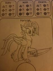 Size: 756x1008 | Tagged: safe, artist:hickory17, oc, oc only, oc:swift arrow, classical hippogriff, hippogriff, tails of equestria, arrow, bow (weapon), bow and arrow, female, hippogriff oc, jewelry, necklace, not silverstream, pearl, show accurate, solo, traditional art, weapon