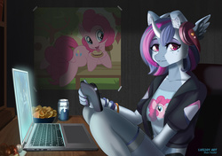 Size: 900x634 | Tagged: safe, artist:lifejoyart, pinkie pie, oc, oc:aqua jewel, earth pony, pony, unicorn, anthro, g4, anthro with ponies, chips, clothes, computer, controller, female, food, jacket, laptop computer, mare, soda, solo