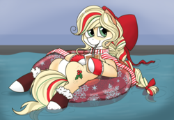 Size: 1024x703 | Tagged: safe, artist:cadetredshirt, oc, oc only, oc:hollie, earth pony, pony, alternate hairstyle, bow, braid, christmas, clothes, cute, drinking straw, floating, green eyes, hair bow, happy, heart eyes, highlights, holiday, inner tube, pool toy, scarf, smiling, socks, solo, stockings, summer, thigh highs, this is fine, tube, water, wet mane, wingding eyes, yellow mane