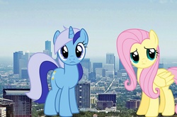 Size: 1433x945 | Tagged: safe, artist:jerryakira79, fluttershy, minuette, pegasus, pony, unicorn, g4, female, giant pony, highrise ponies, irl, macro, photo, ponies in real life