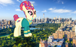 Size: 962x600 | Tagged: safe, artist:jerryakira79, torch song, earth pony, pony, g4, female, giant pony, highrise ponies, irl, macro, photo, ponies in real life, ponytones outfit