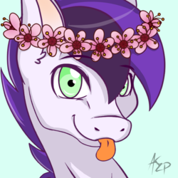 Size: 800x800 | Tagged: safe, artist:appletaffy, oc, oc only, oc:plum bloom, pony, floral head wreath, flower, male, simple background, solo, stallion, tongue out