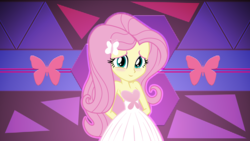 Size: 3840x2160 | Tagged: safe, artist:efk-san, artist:laszlvfx, fluttershy, equestria girls, g4, blushing, clothes, cute, dress, female, high res, looking at you, show accurate, shyabetes, smiling, solo, wallpaper