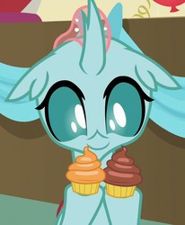 Size: 589x715 | Tagged: safe, screencap, ocellus, changedling, changeling, g4, marks for effort, cropped, cupcake, cute, diaocelles, female, food, holding, smiling, solo