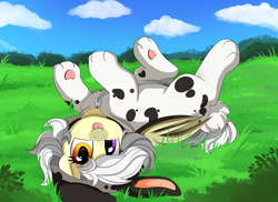 Size: 2494x1816 | Tagged: safe, artist:pridark, oc, oc only, oc:nib, bat pony, pony, :p, animal costume, bunny costume, bunny ears, clothes, costume, cute, derp, grass, heterochromia, ocbetes, silly, solo, tongue out, upside down