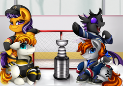Size: 3624x2539 | Tagged: safe, artist:pridark, oc, oc only, oc:coin chaser, oc:disterious, oc:nightwing, oc:striker, changeling, earth pony, pony, unicorn, boston bruins, changeling oc, clothes, columbus blue jackets, commission, fff hockey guild, high res, hockey, ice hockey, ice rink, new york rangers, nhl, one eye closed, purple changeling, sports, stanley cup, tongue out, trophy, vancouver canucks, vegas golden knights, wink