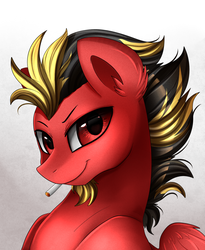 Size: 1446x1764 | Tagged: safe, artist:pridark, oc, oc only, oc:sabertooth thatcher, pegasus, pony, bust, cigarette, commission, facial hair, goatee, male, portrait, red eyes, solo